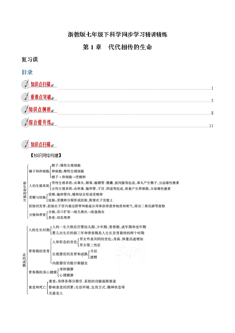 【精品讲义】浙教版 科学 7年级下册 第01章 代代相传的生命（复习课）（教师版+学生版）01