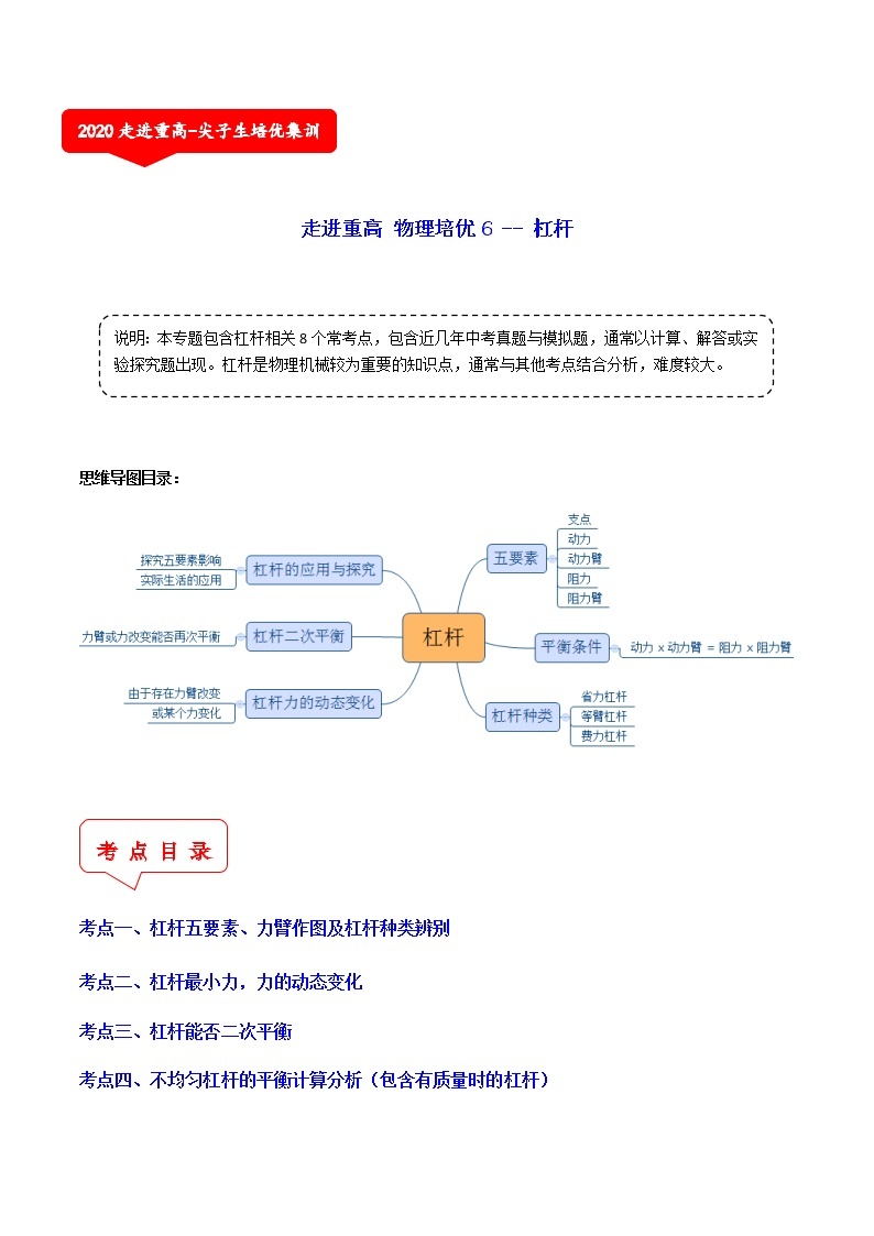 杠杆（8个考点）-2021年中考科学（浙教版）重难点、易错点复习练习（教育机构专用）01