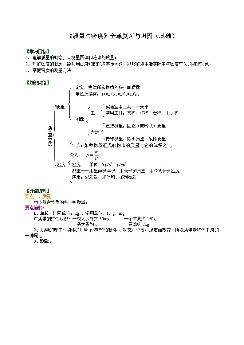 人教版八年级上册物理人教版八年级上册物理52【基础】《质量与密度》全章复习与巩固--学案+习题01