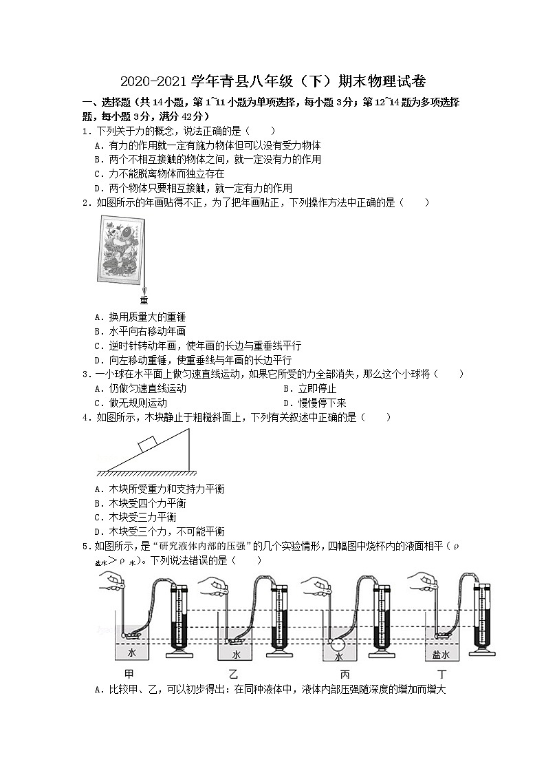 河北省沧州市青县2020-2021学年八年级下学期期末考试物理试题(word版 含答案)01