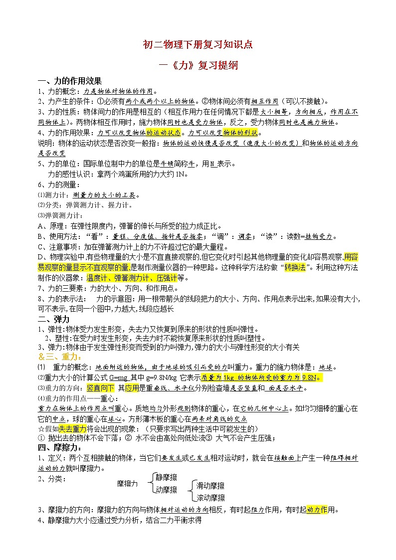 初二物理下册重难点必备第1页