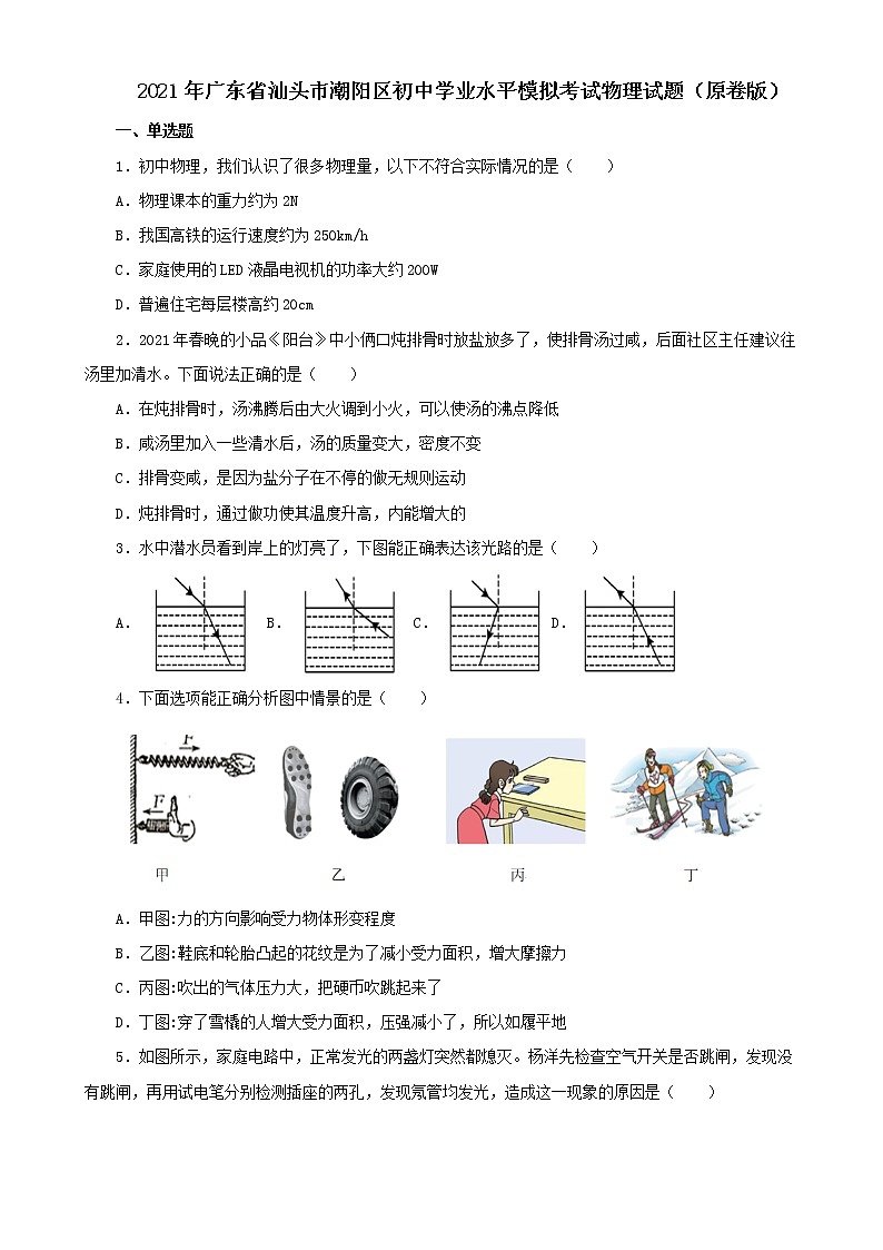 2021年广东省汕头市潮阳区初中学业水平模拟考试物理试题(解析版及原卷版)01