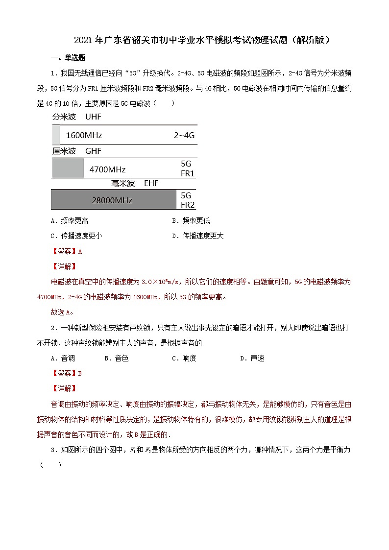 2021年廣東省韶關(guān)市初中學(xué)業(yè)水平模擬考試物理試題（解析版）第1頁(yè)