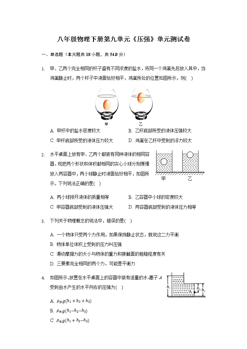 人教版八年级物理下册第九单元《压强》单元测试卷拔高卷第1页