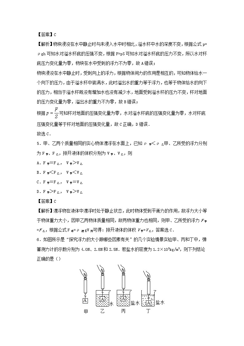 2019_2020学年八年级物理下册第十章浮力单元小测含解析新版新人教版03