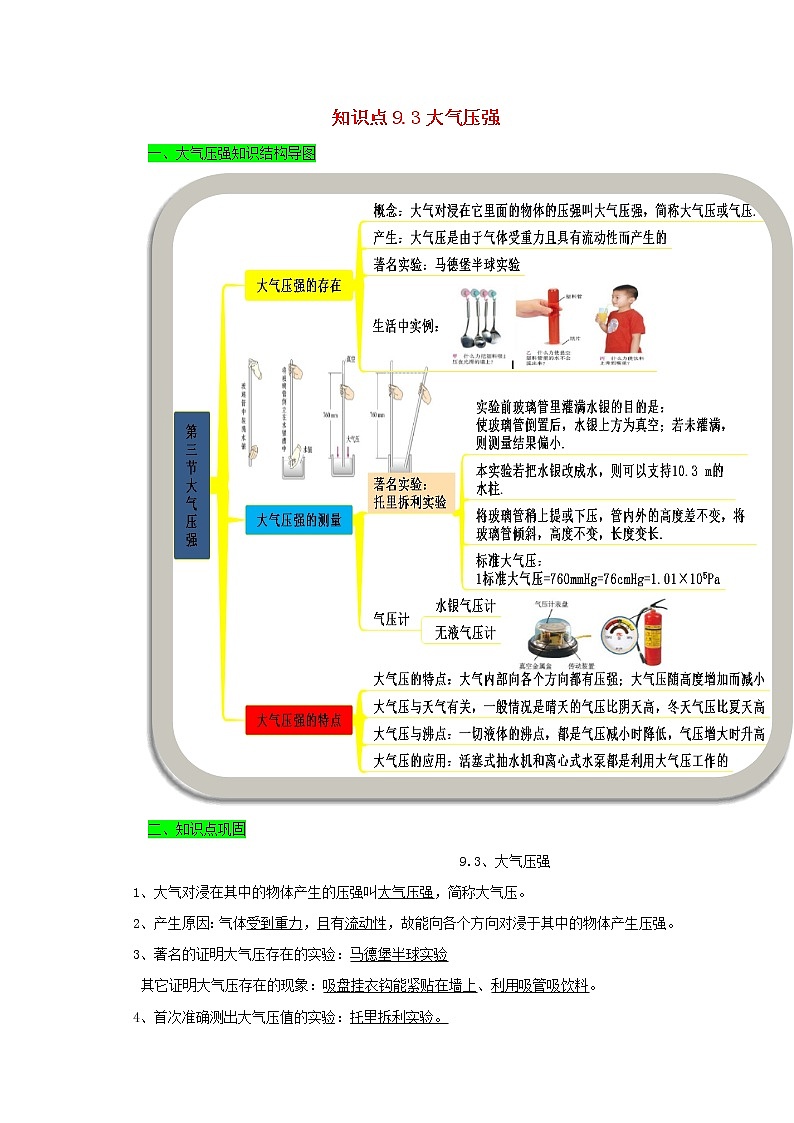 2019_2020学年八年级物理下册9.3大气压强期末复习精练含解析新版新人教版第1页
