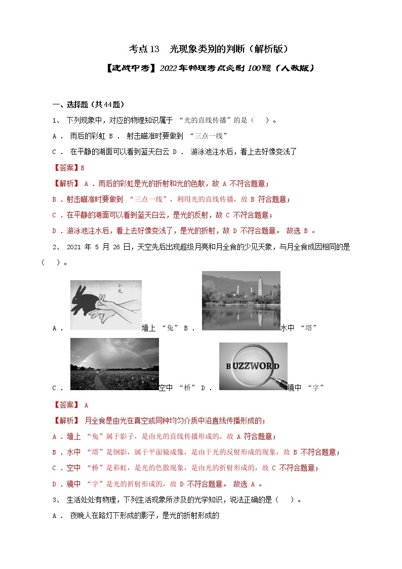 考点13  光现象类别的判断-【迎战中考】2022年物理考点必刷100题（人教版）01