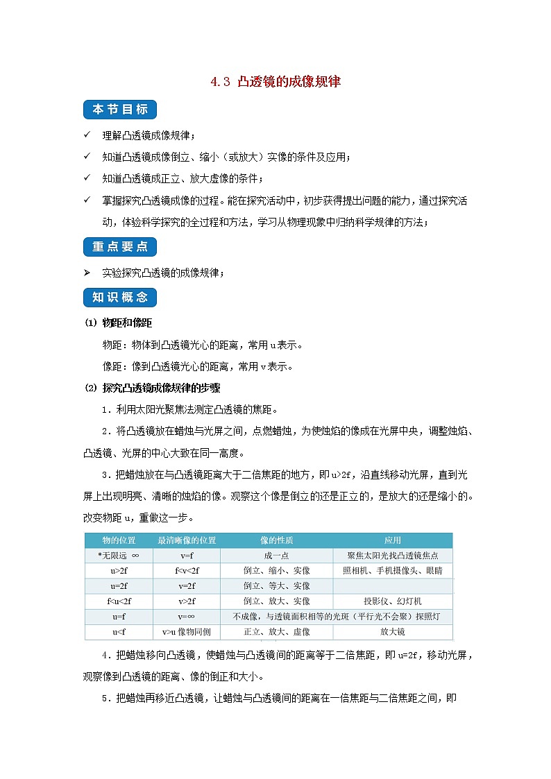 2020_2021学年八年级物理上册4.3凸透镜的成像规律考点突破与同步练习含解析新版苏科版01