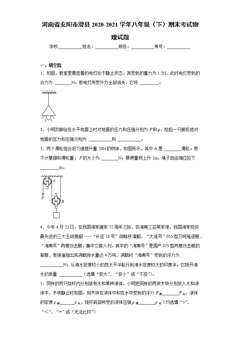 河南省安阳市滑县2020-2021学年八年级(下)期末考试物理试题(word版 含答案)01