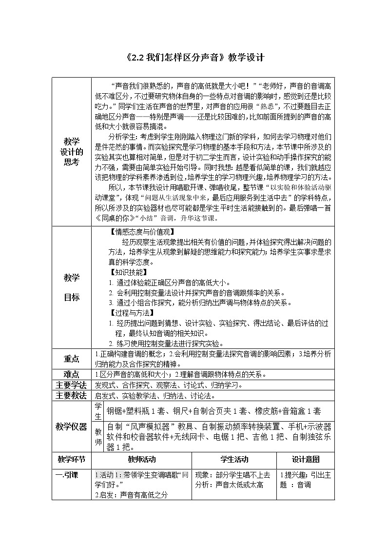 2020_2021学年初中物理沪粤版八年级上册 2.2我们怎样区分声音 教案01