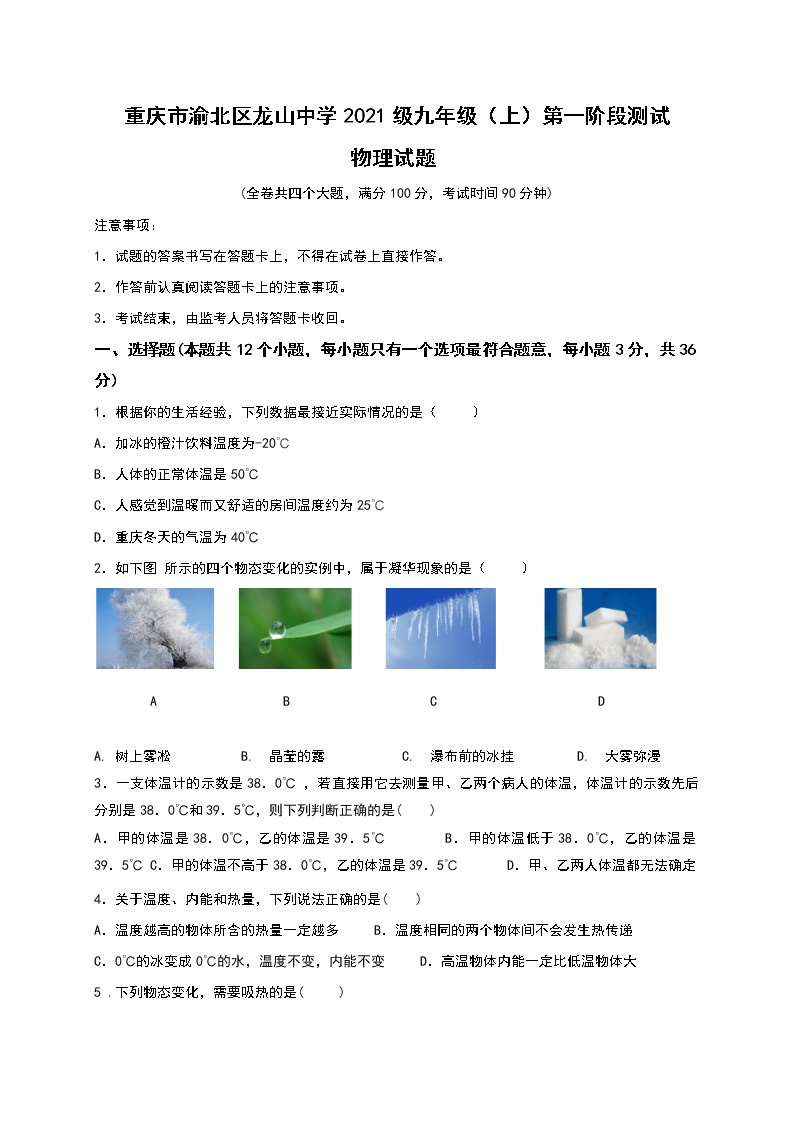 重庆市渝北区龙山中学2020-2021学年九年级上学期第一次月考物理试题（无答案）