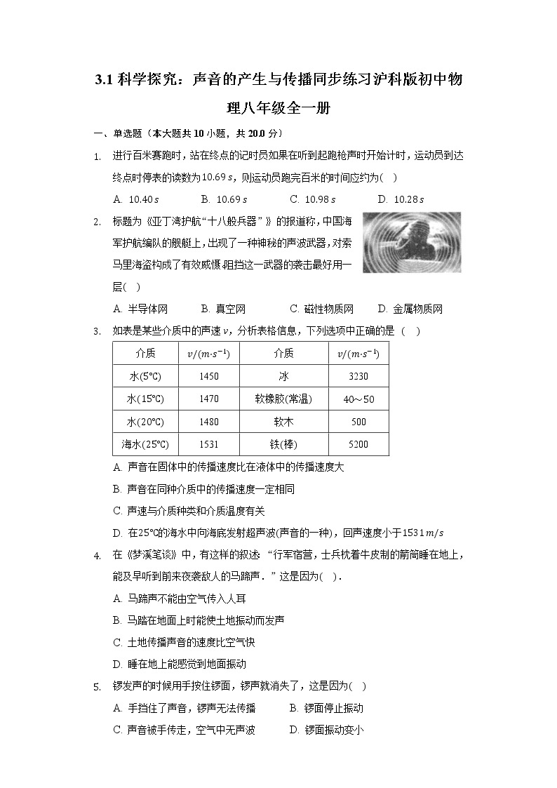 3.1科学探究：声音的产生与传播 同步练习 沪科版初中物理八年级全一册01