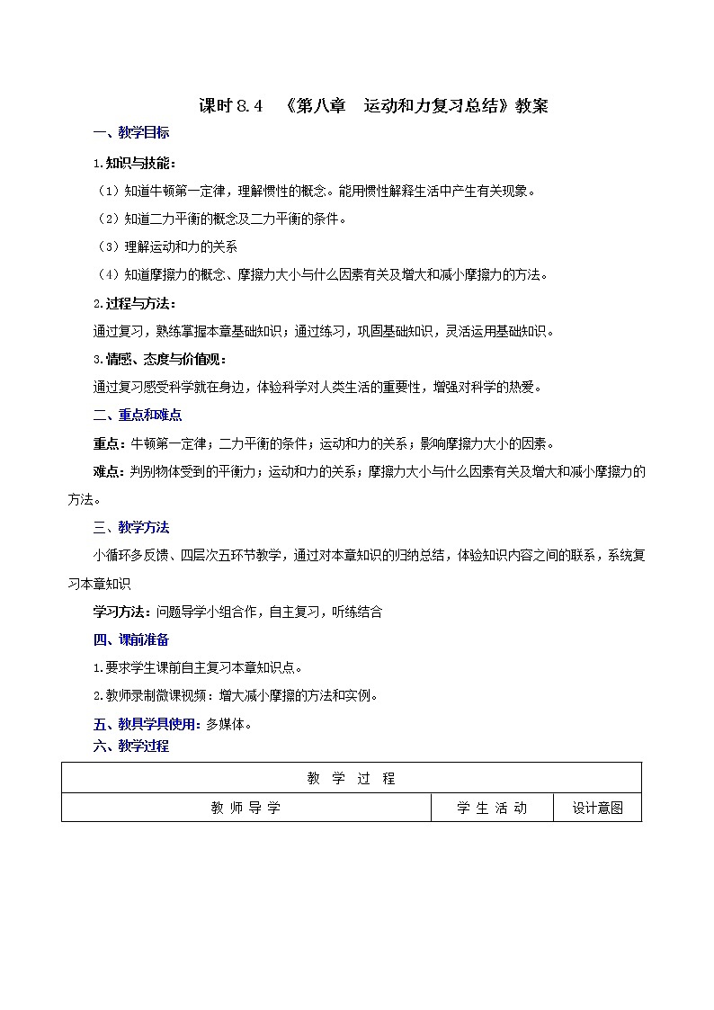 8.4  第八章  运动和力复习总结-八年级下册课件+教案+练习(人教版)01