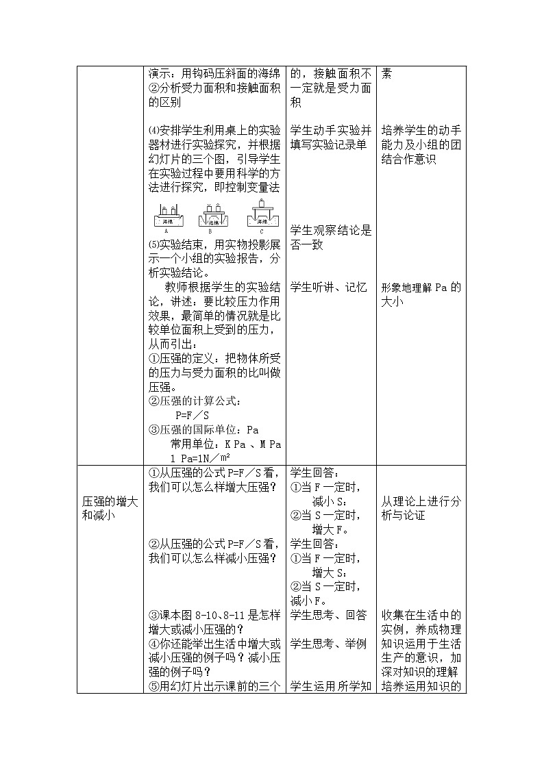 沪科版八年级全册 物理 教案 8.1压力的作用效果203