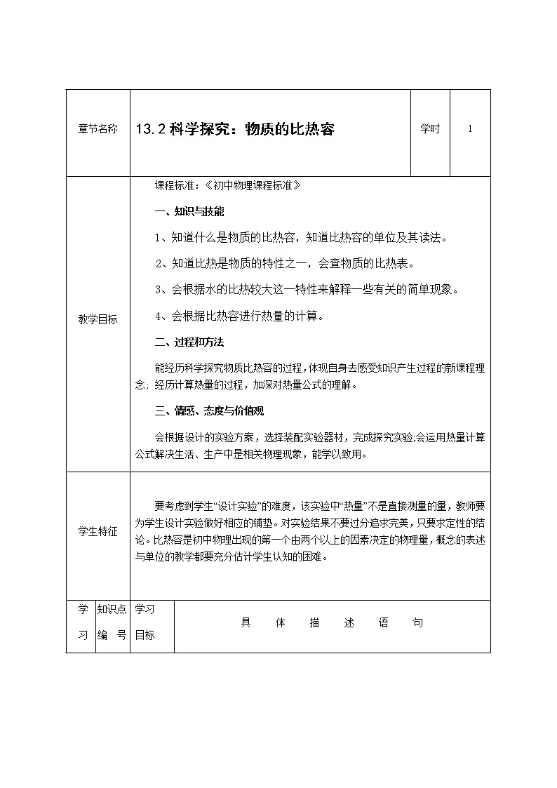沪科版九年级全册 物理 教案 13.2科学探究:物质的比热容01