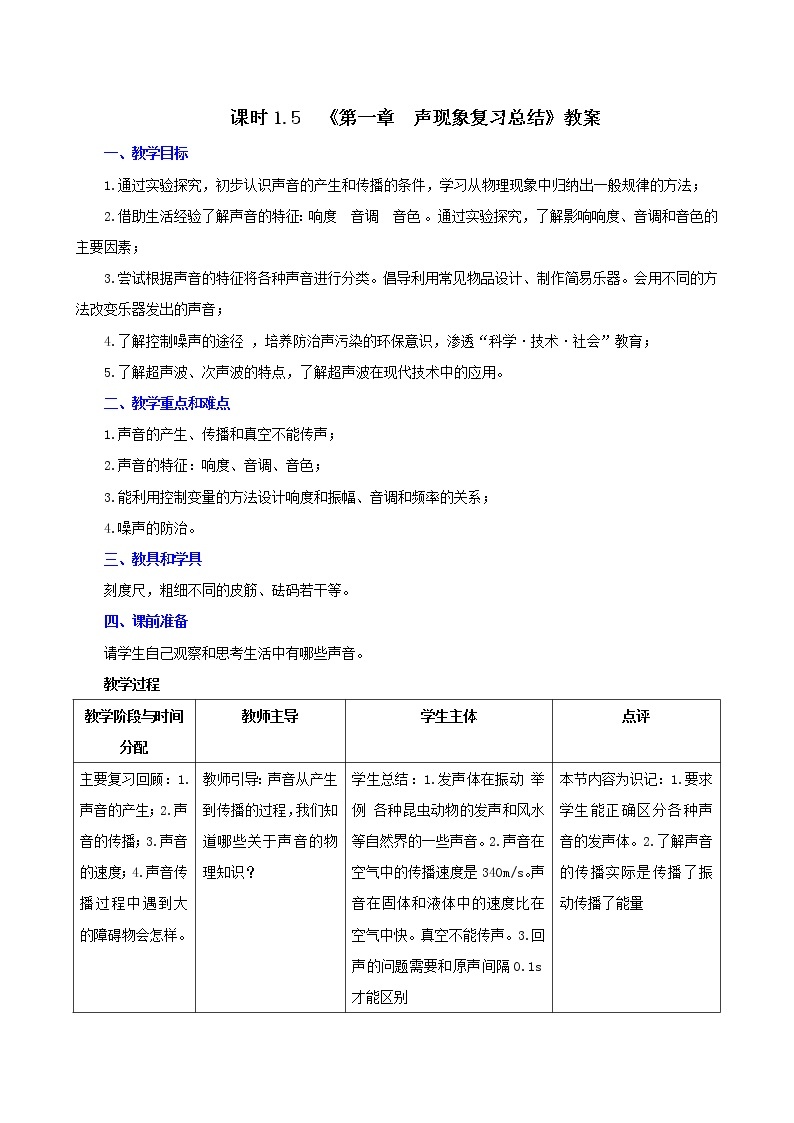 课时1.5  第一章  声现象复习总结-2021年八年级上册（苏科版）（课件+教案+练习）01