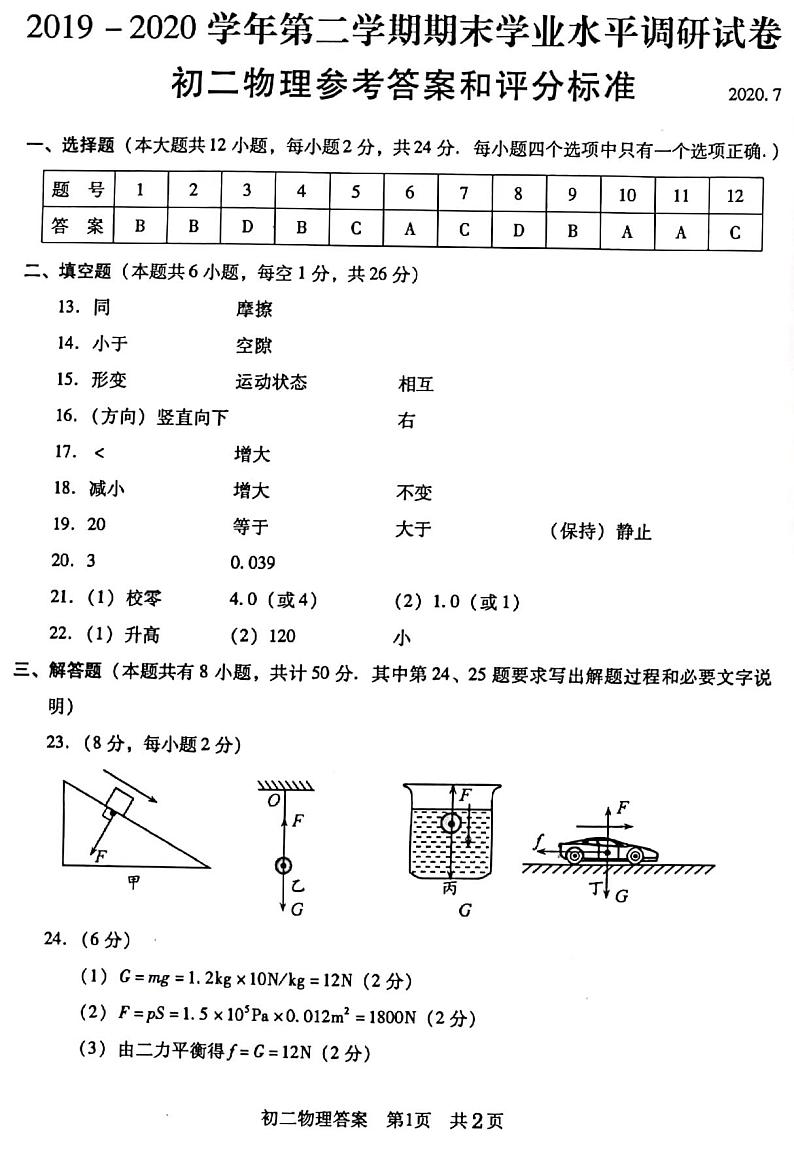 常熟市2019-2020学年第二学期初二物理期末调研试卷 答案第1页
