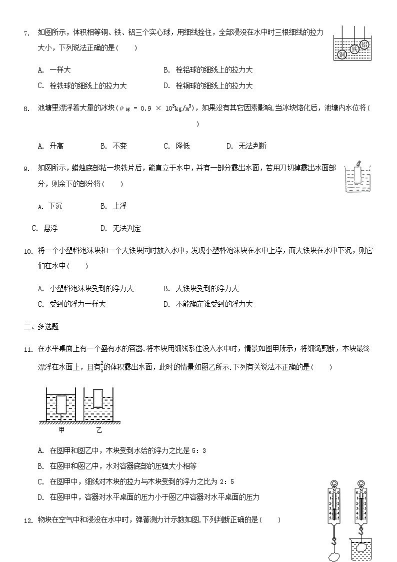 人教版八年級下冊物理課時同步檢測卷：10.2阿基米德原理（無答案）第2頁
