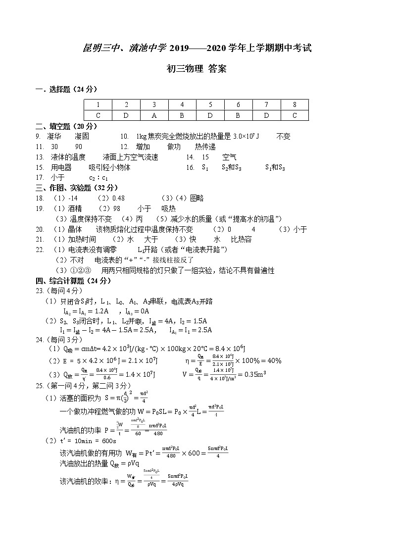 昆明三中、昆明滇池中学2019—2020学年上学期期中考试初三物理试卷参考答案第1页