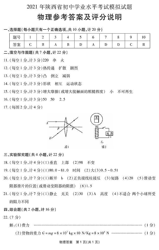 2021年陕西省初中学业水平考试试题模拟物理答案第1页