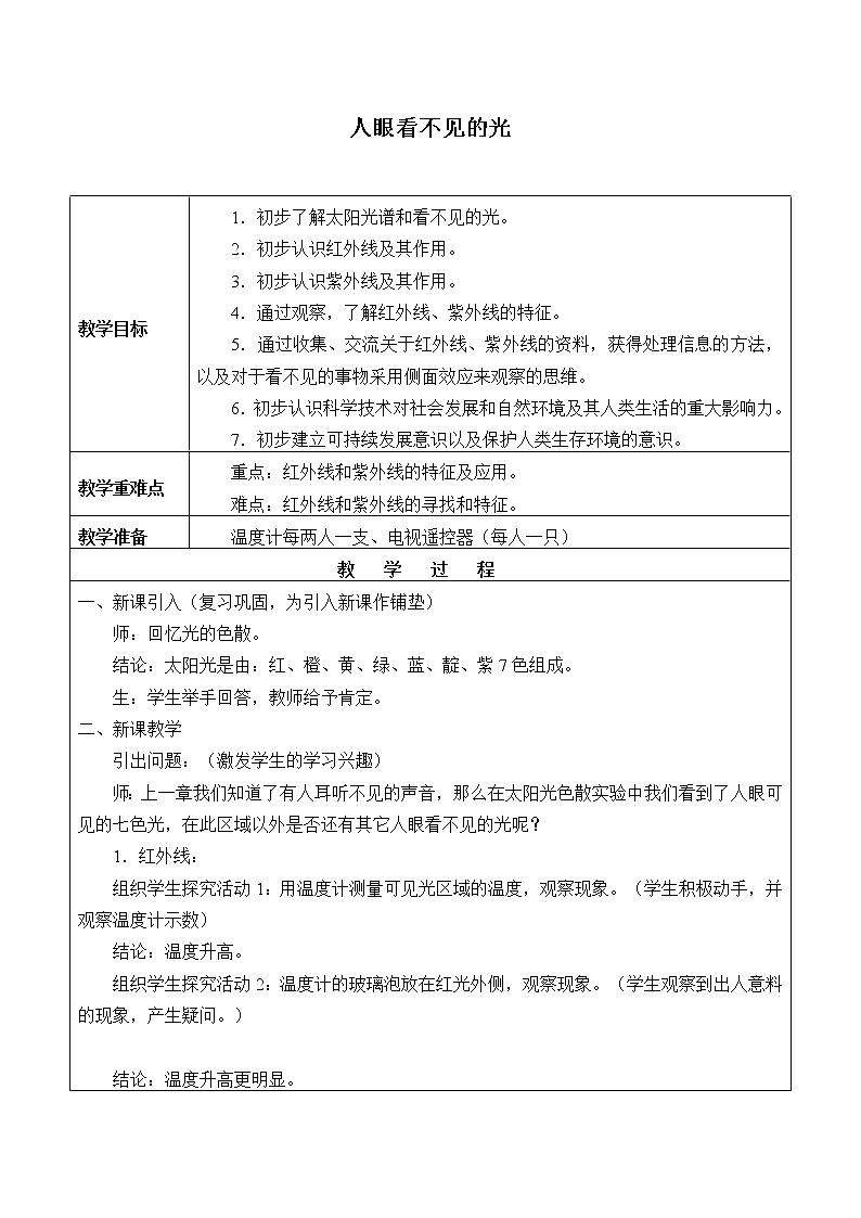 苏科版八年级上册物理 3.2 人眼看不见的光_(1) 教案第1页