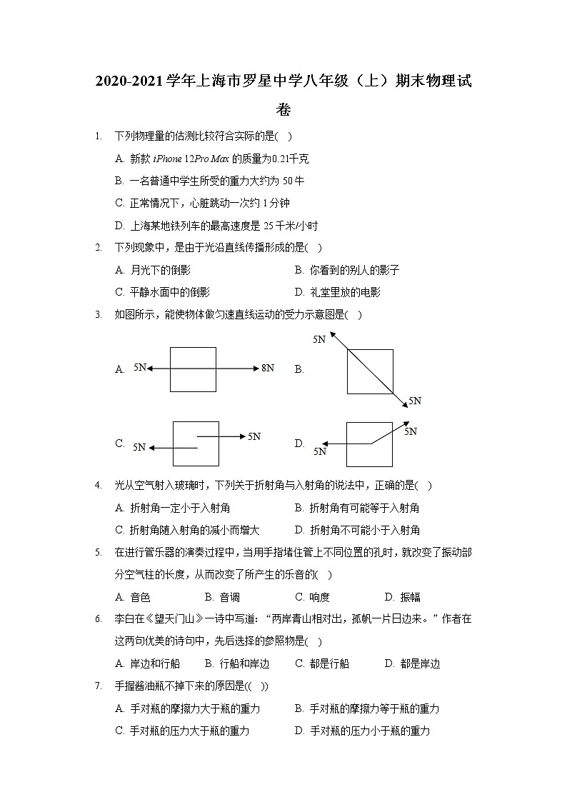 2020-2021学年上海市罗星中学八年级(上)期末物理试卷第1页
