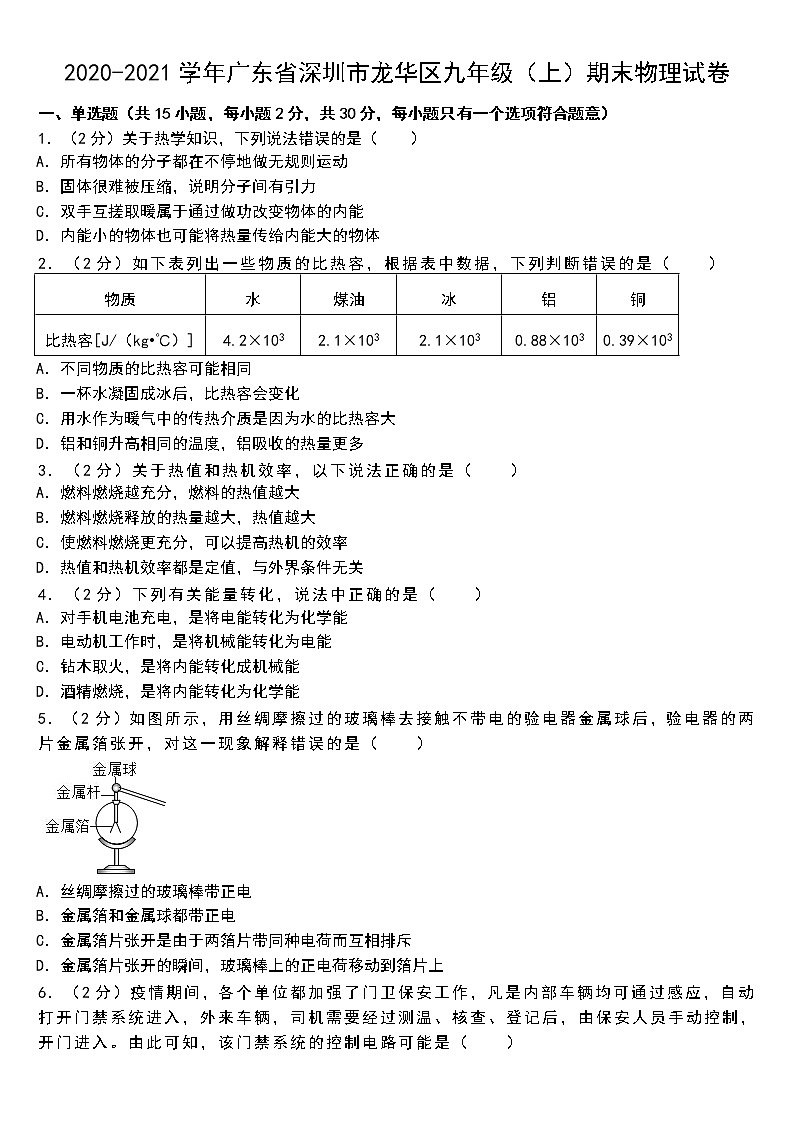 2020-2021学年广东省深圳市龙华区九年级(上)期末物理试卷01