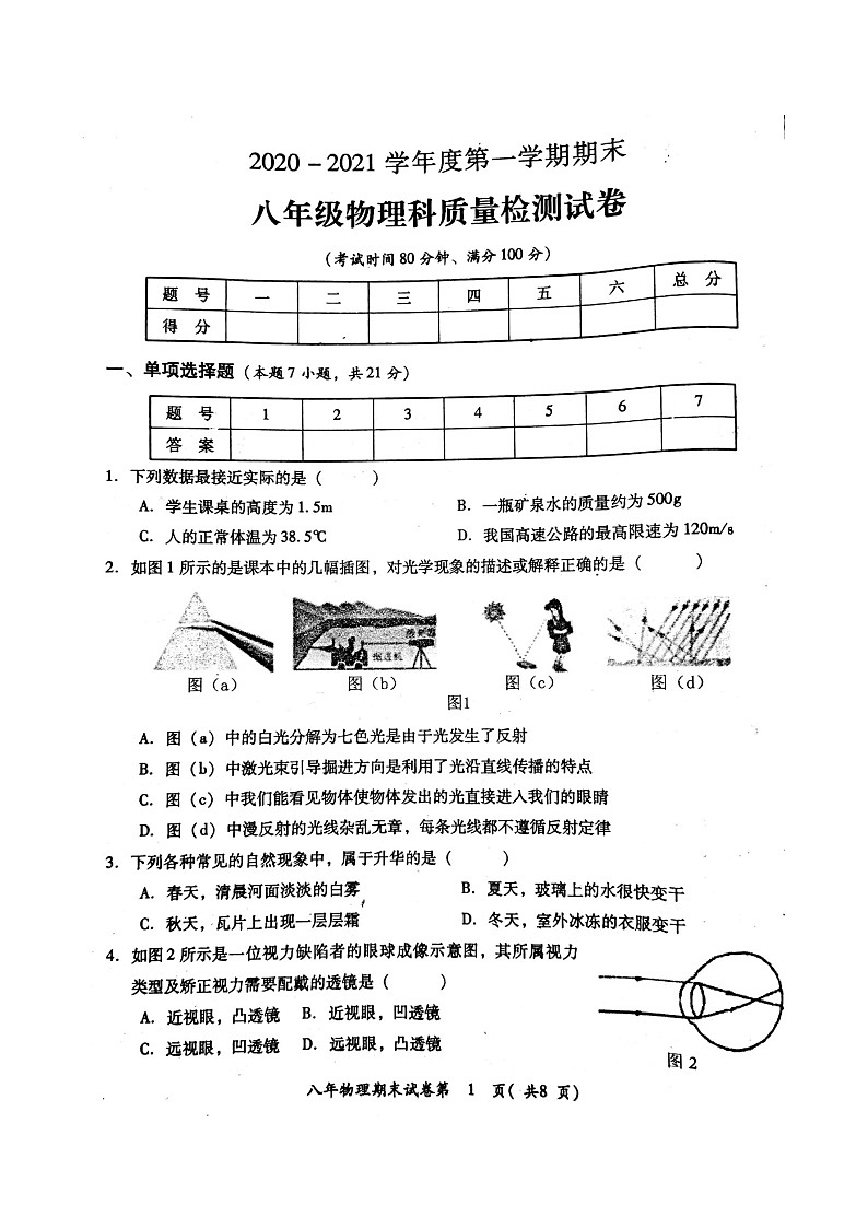 广东省揭阳市空港区2020-2021学年度第一学期期末 八年级物理科质量检测试卷(图片版 含答案)第1页