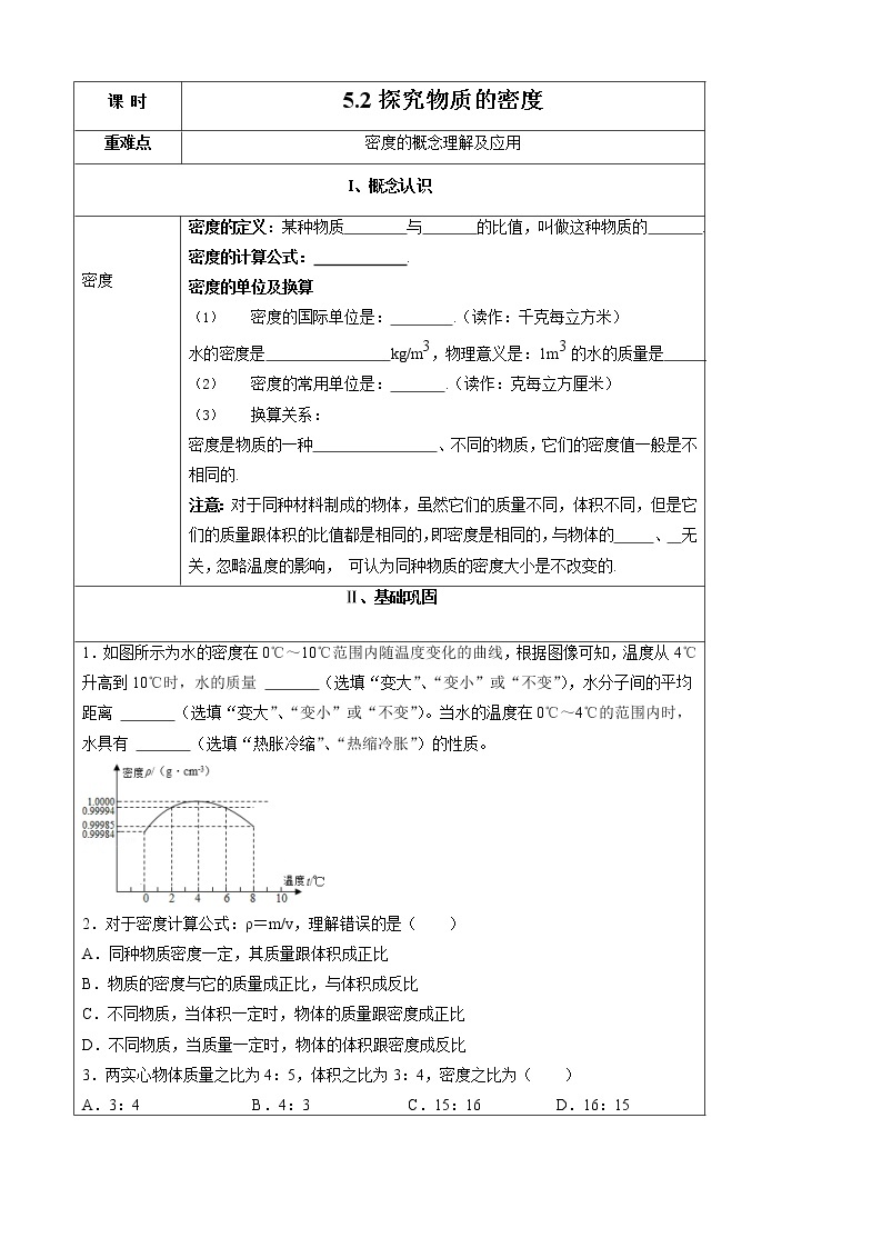 2021-2022学年初中物理沪粤版八年级上册 第五章 5.2 探究物质的密度 同步习题01