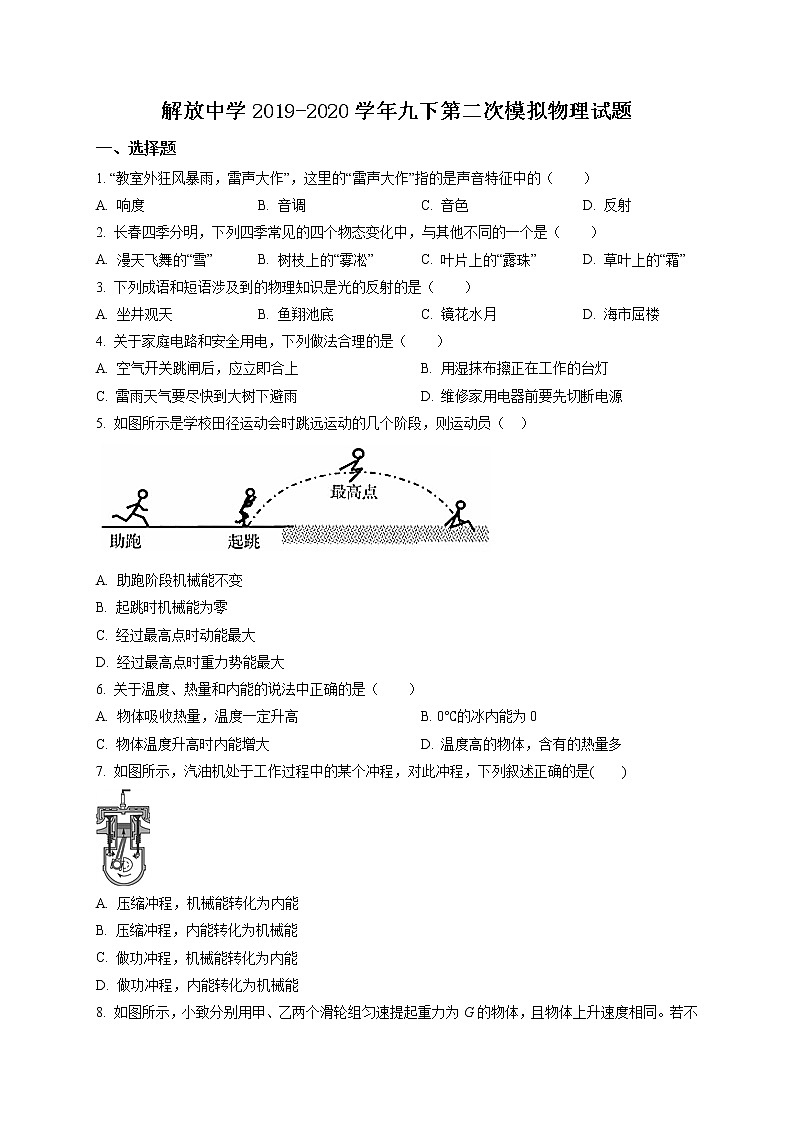 精品解析：2020年吉林省長(zhǎng)春市解放中學(xué)中考二模物理試題（原卷版）第1頁(yè)