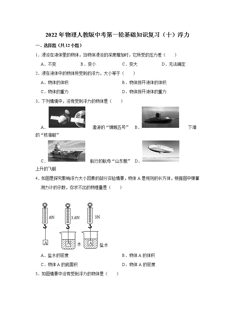 2022年物理人教版中考第一轮基础知识复习(十)浮力第1页