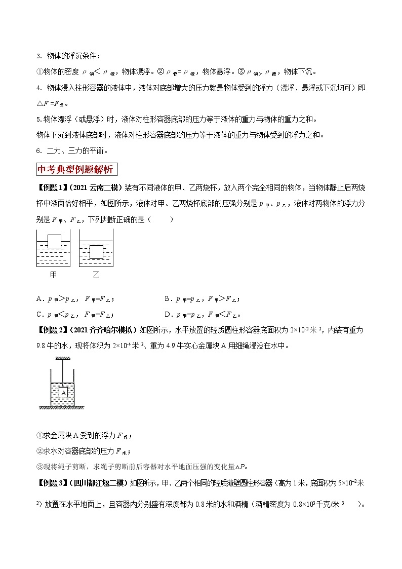 初中物理中考二轮专题练习     专题11 压强与浮力综合类问题对策02