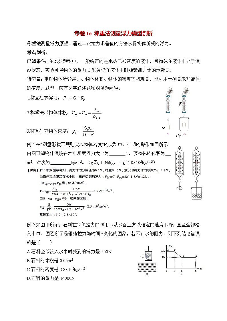 初中物理中考二轮专题练习 题型16 称重法测量浮力计算题01