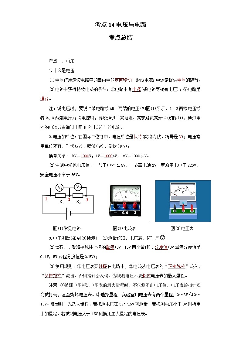 考点14电压与电路(解析版)-2022年物理中考一轮过关讲练(人教版)学案01
