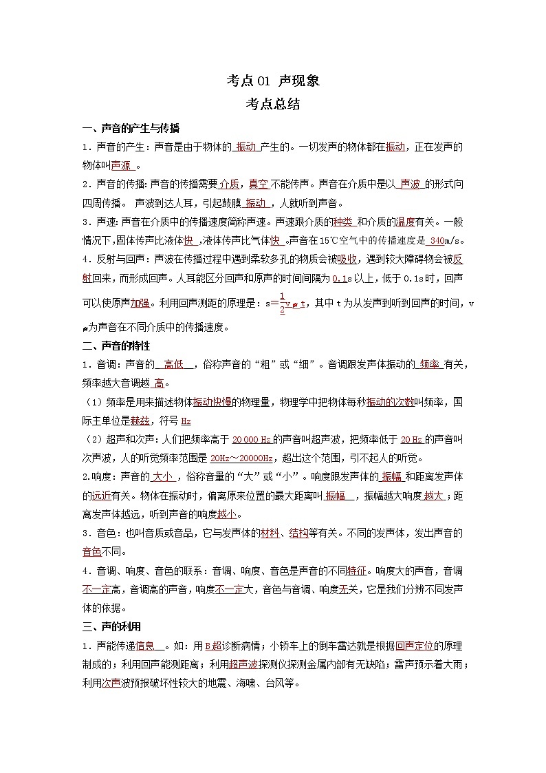 考点01 声现象(解析版)-2022年物理中考一轮过关讲练(北师大版)学案第1页