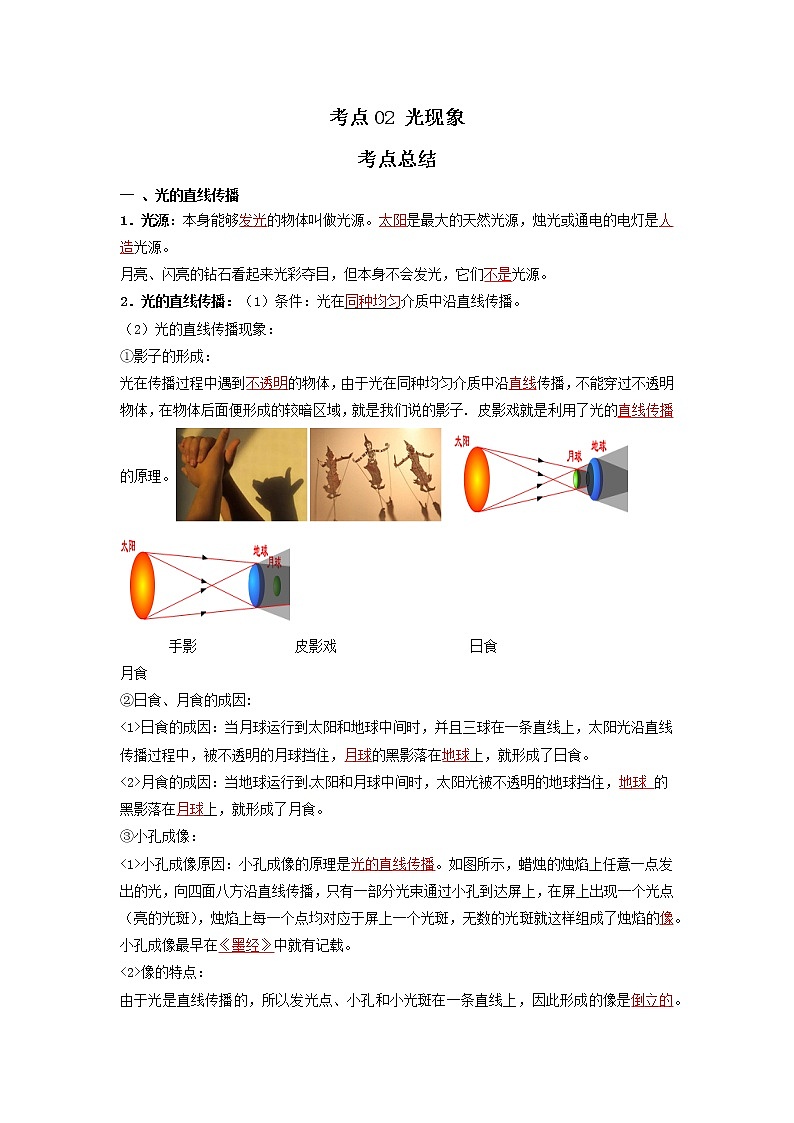 考点02 光现象(解析版)-2022年物理中考一轮过关讲练(北师大版)学案01