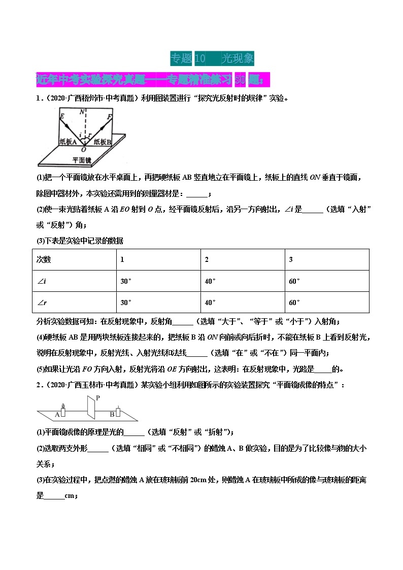 专题10 光现象-2022届中考物理实验探究真题精准练101