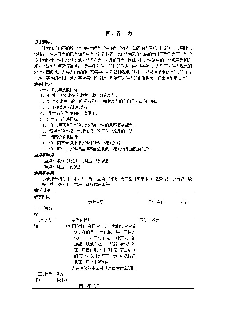 初中物理蘇科版八年級(jí)下冊(cè)第十章——四、浮  力教案第1頁(yè)