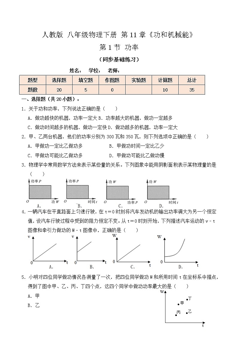 11.2 功率(同步基础练习)-人教版初中物理八年级下册辅导讲义(解析版+原卷版)01