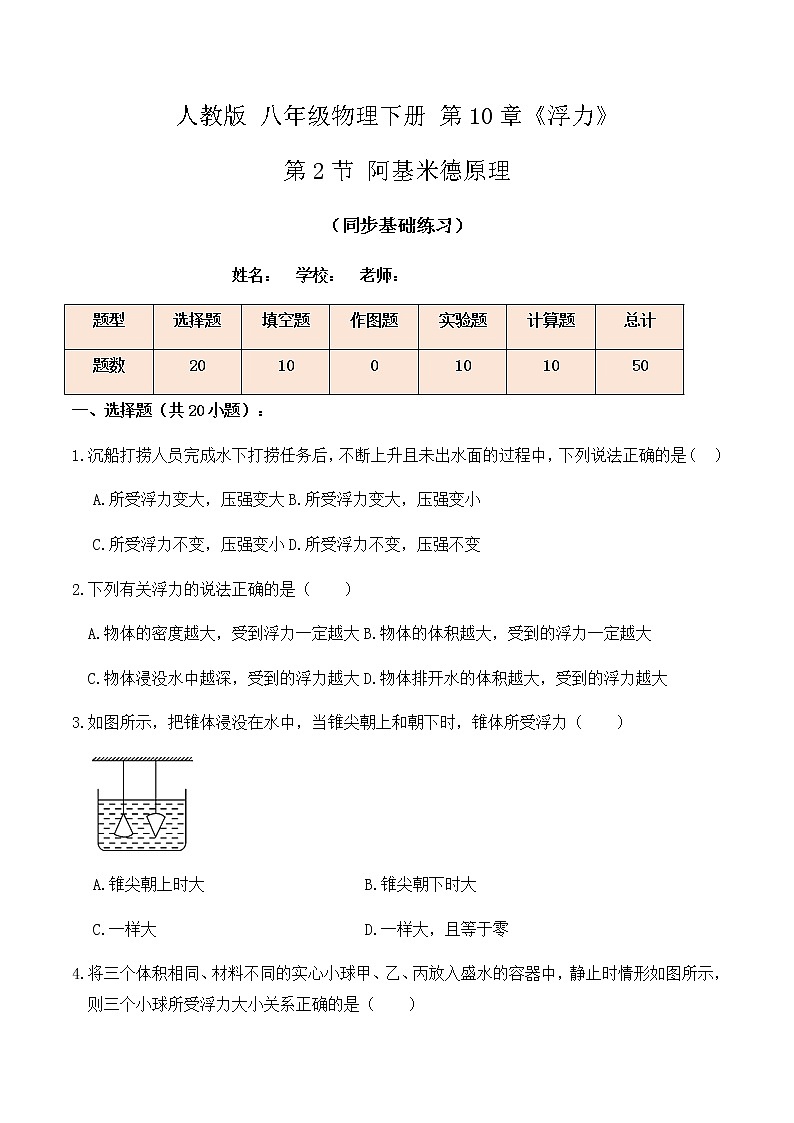 10.2阿基米德原理（同步基礎(chǔ)練習(xí)）原卷版第1頁(yè)