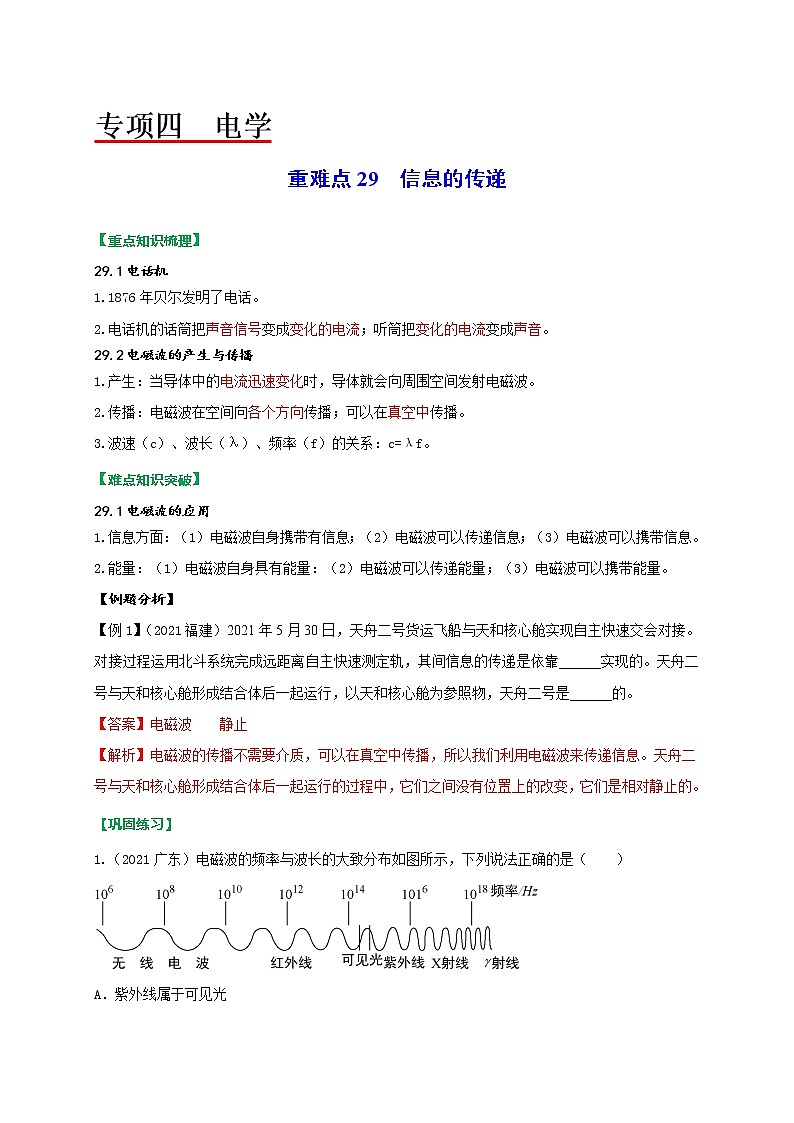 重难点29信息的传递-2022年中考物理热点及重难点专练试卷(原卷+解析)01