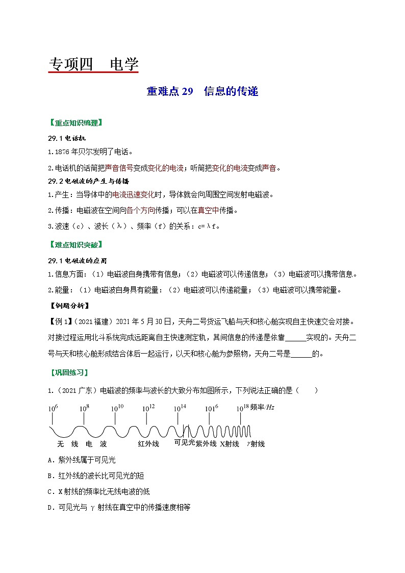 重难点29信息的传递-2022年中考物理热点及重难点专练试卷(原卷+解析)01