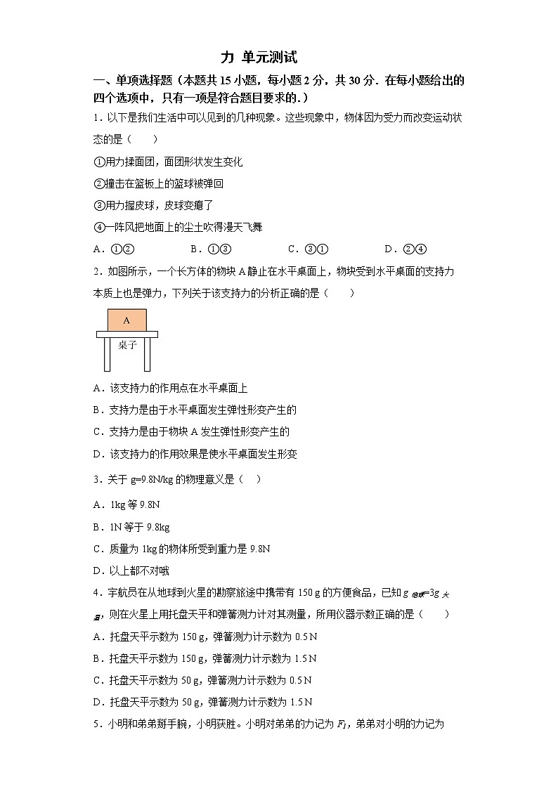 第七章 力 单元测试2021—2022学年人教版八年级下册物理(word版 含答案)01