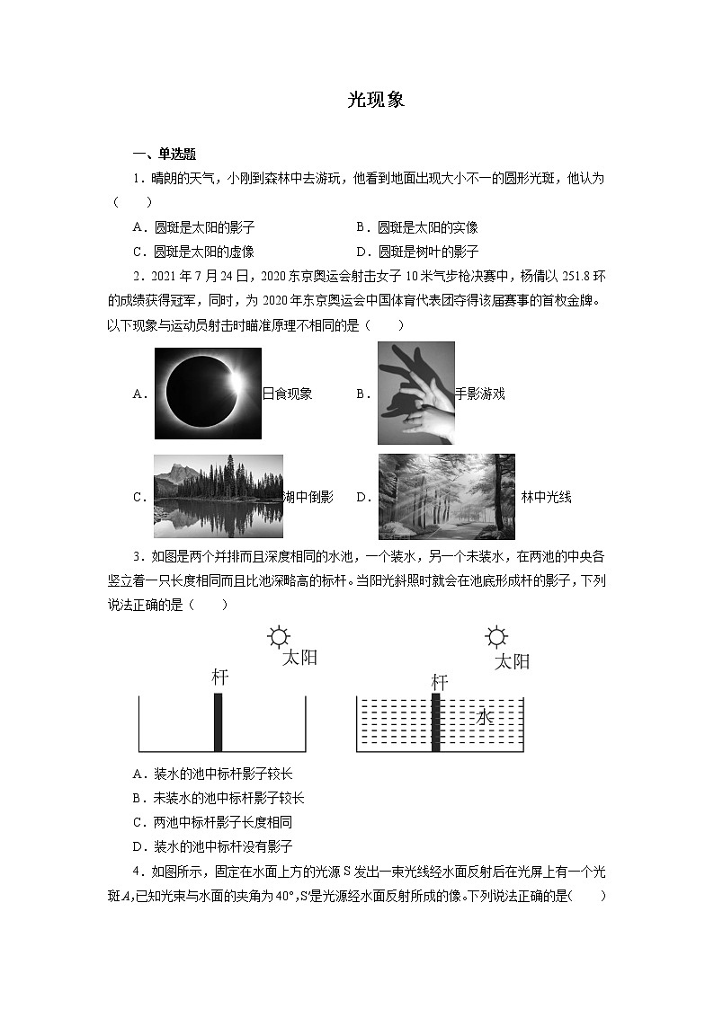 2022年中考物理一轮复习能力提升练习:光现象第1页