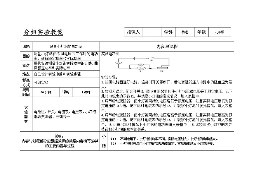 人教版九年級(jí)物理18.3測(cè)量小燈泡的電功率實(shí)驗(yàn)教案第1頁(yè)