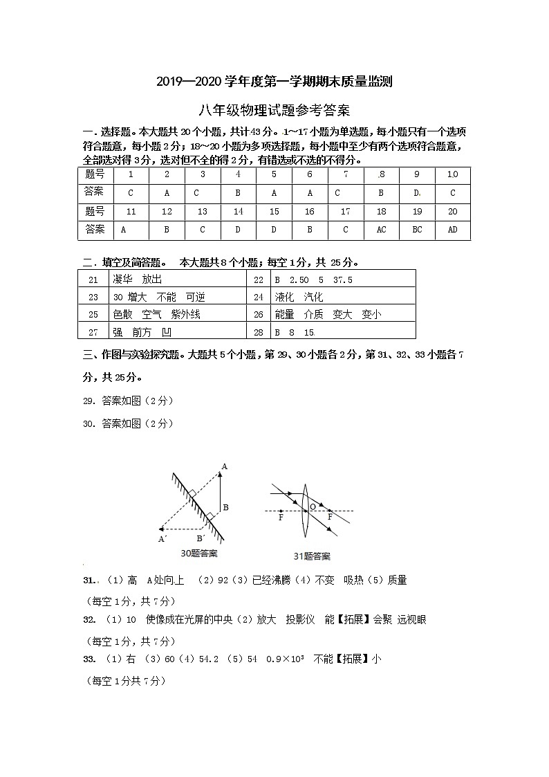 河北省定州市2019-2020学年八年级上学期期末质量监测物理试题答案第1页