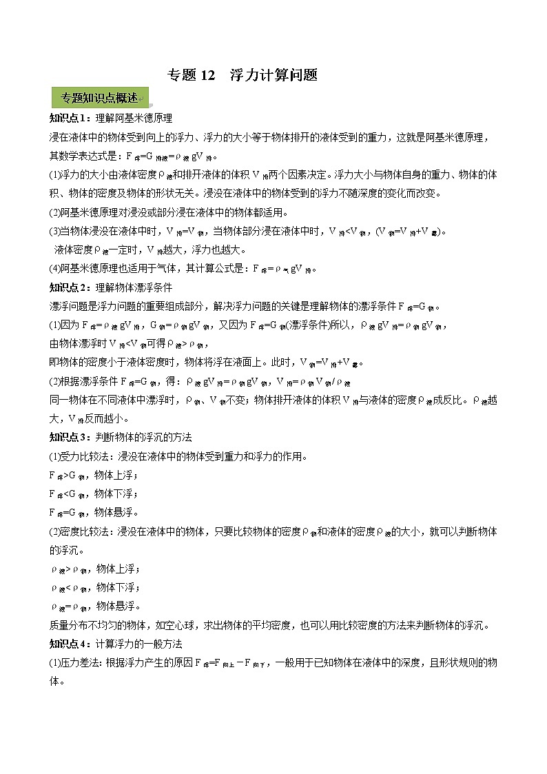 2021年中考物理微专题复习 专题12 中考浮力计算问题(教师版含解析)第1页