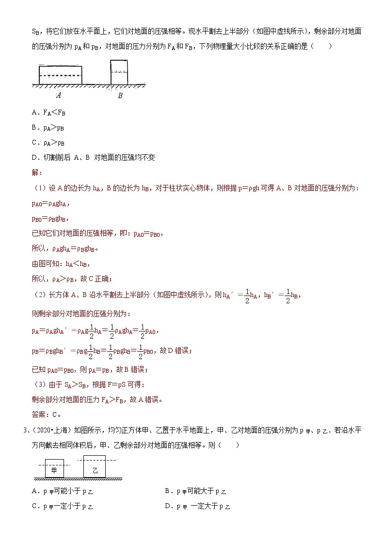 人教版中考物理三轮冲刺疑难易错 专题06 切割(叠放)物体后压强变化问题02