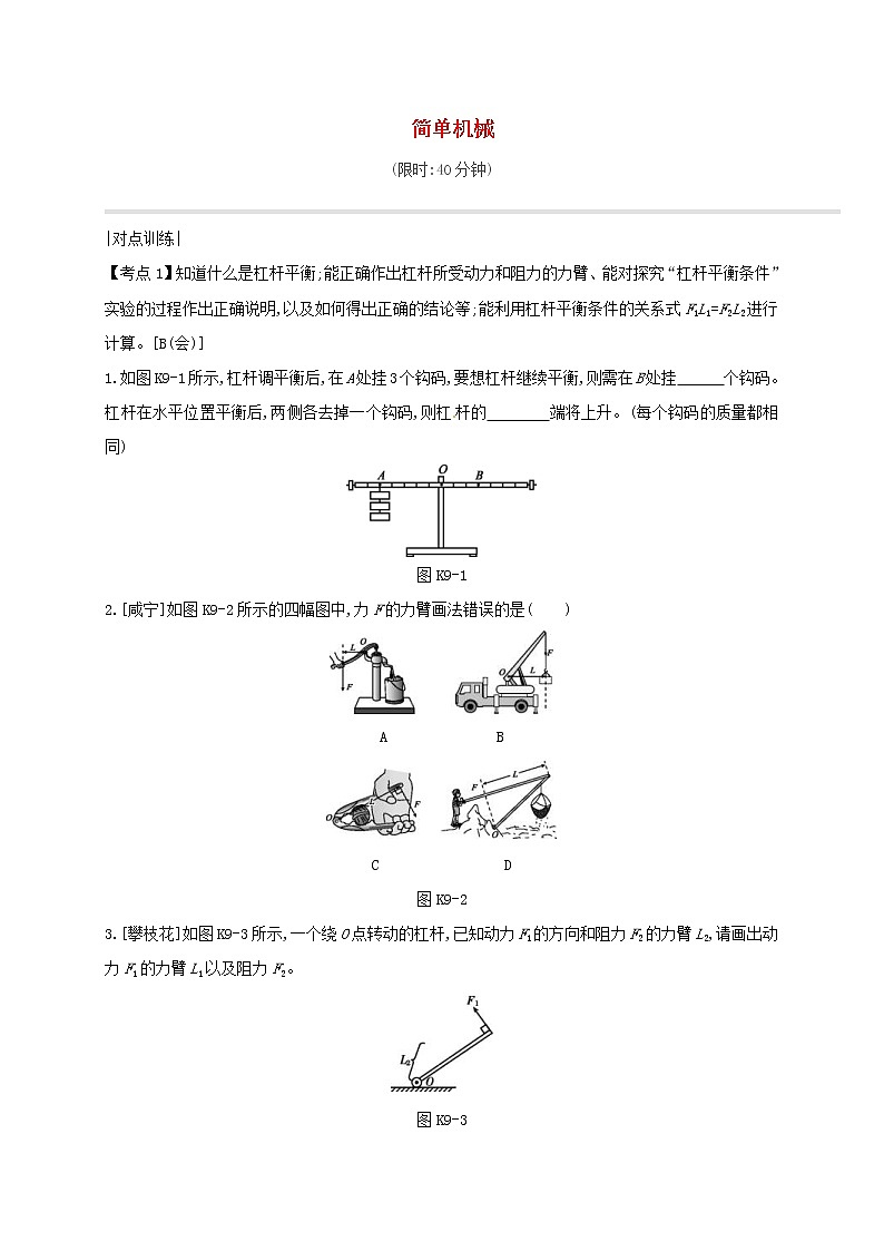 中考物理一轮复习09《简单机械》课时练习(含答案)第1页