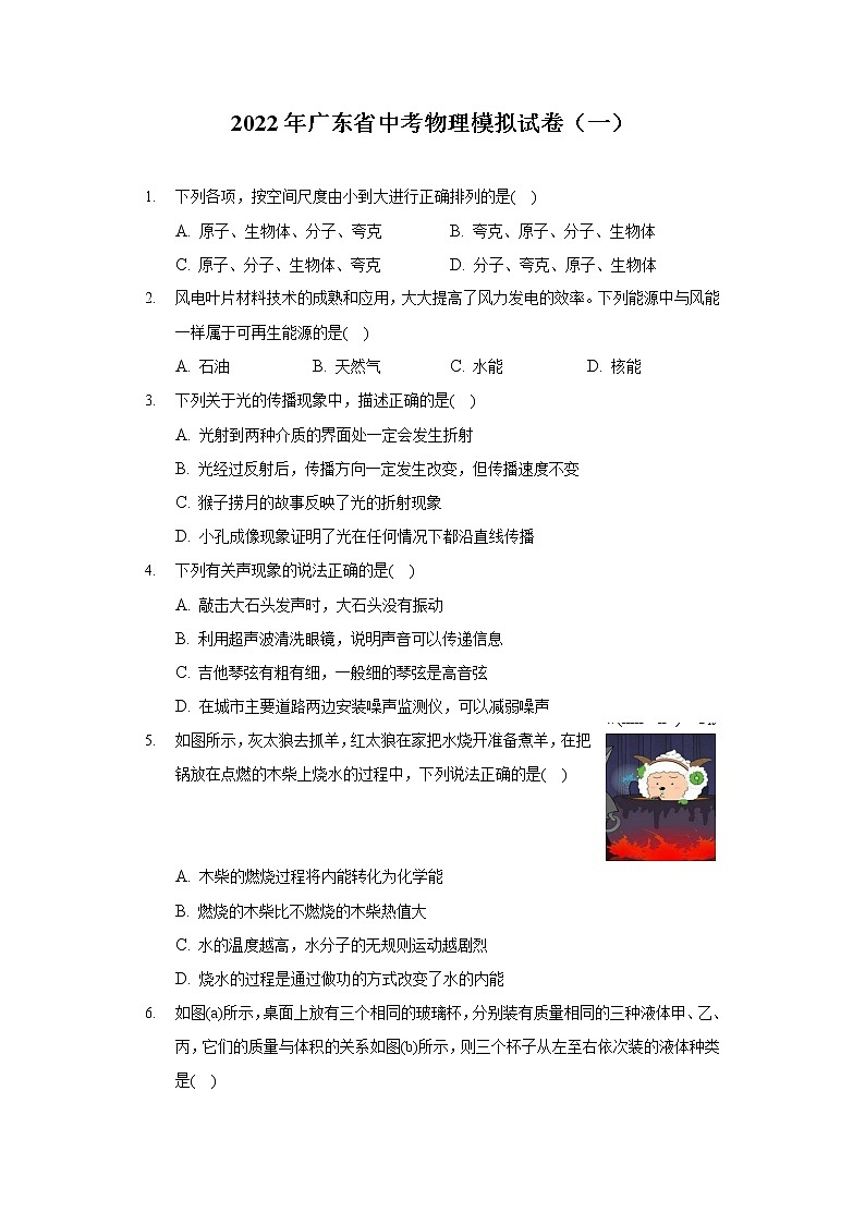 2022年广东省中考物理模拟试卷(一)第1页